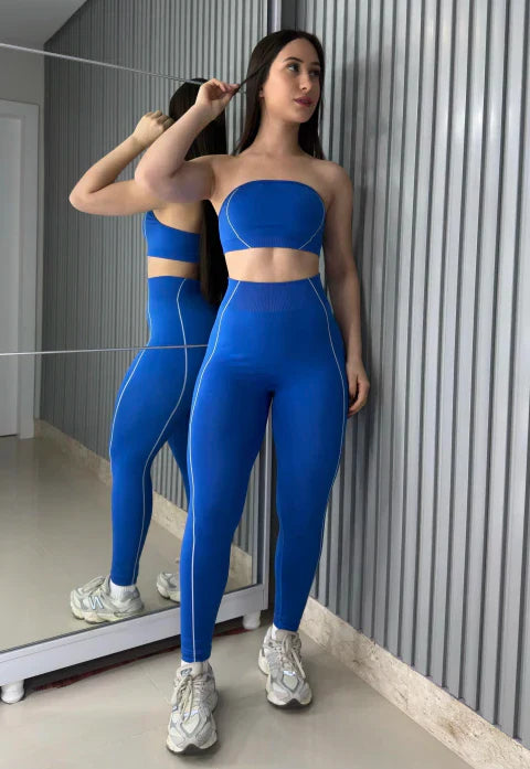 Conjunto blue legging sem costura top faixa