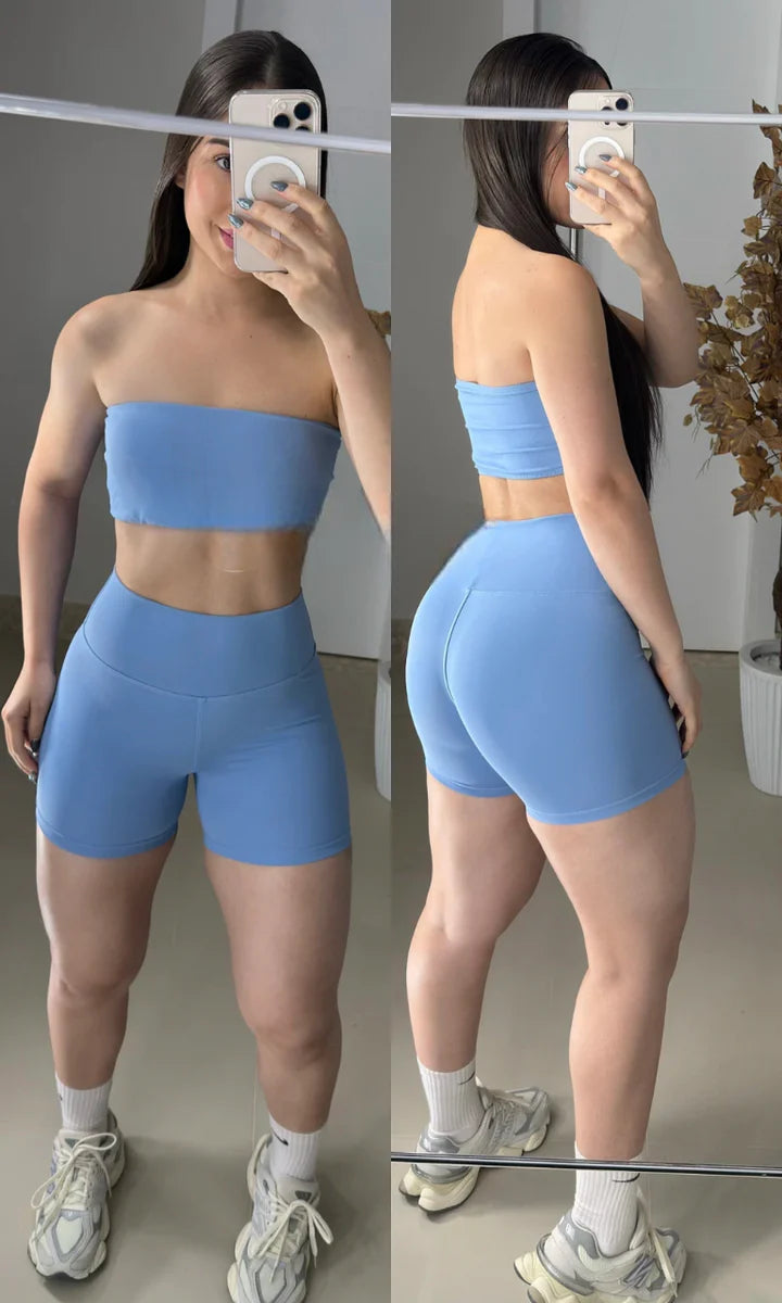 Conjunto short poliamida laranja com top faixa