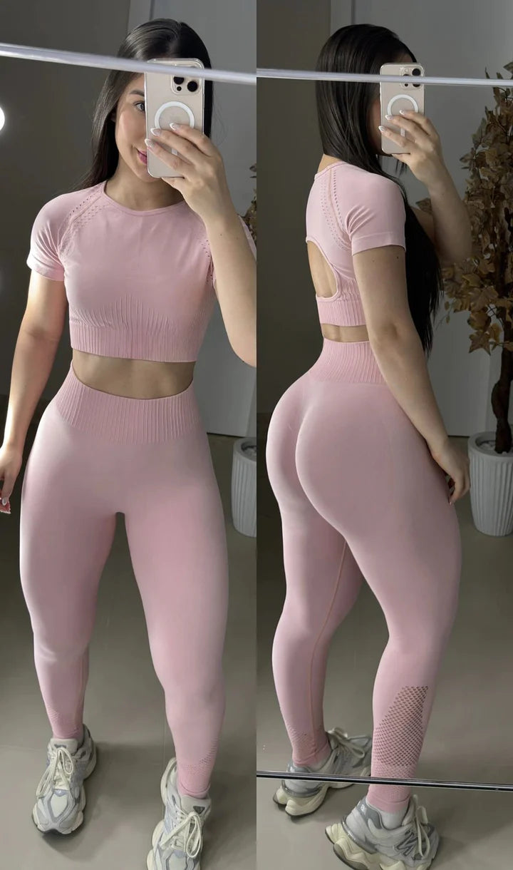 Conjunto legging sem costura rosa bebê de manguinha